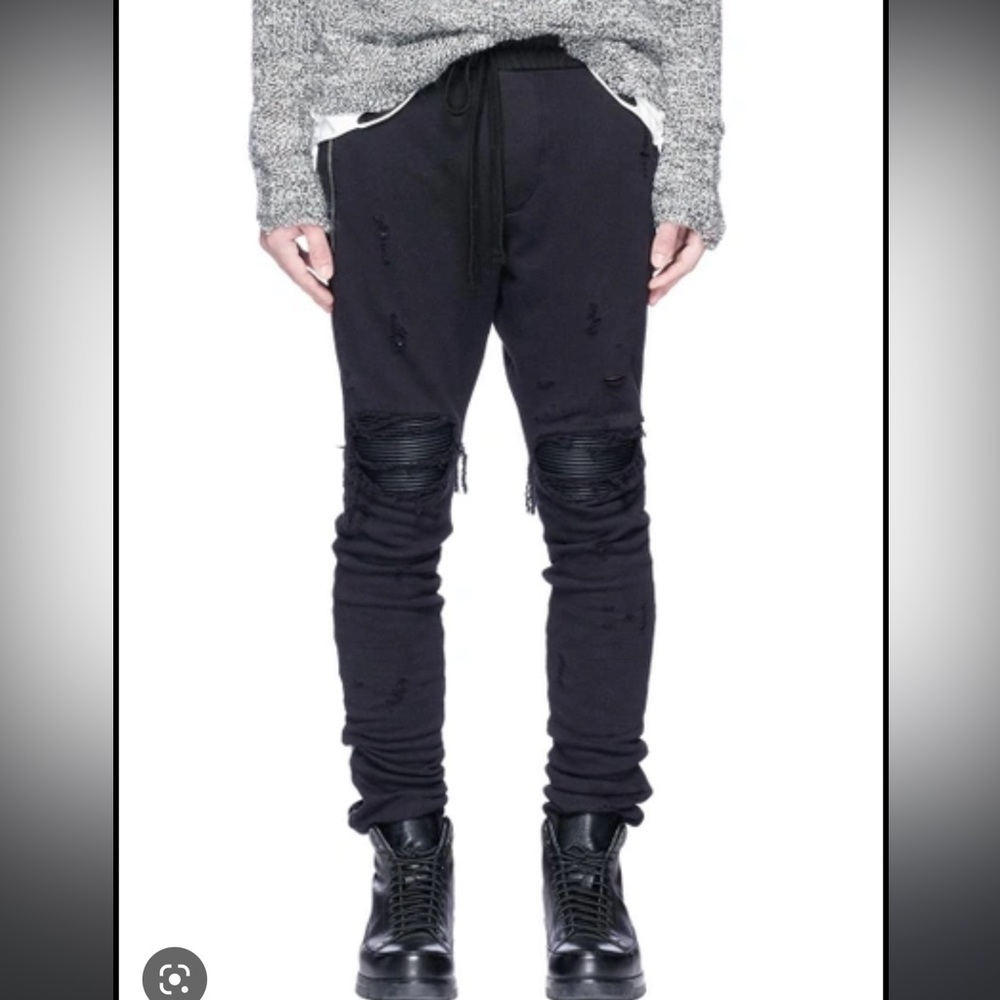 Amiri distressed leather patch black ripped track pants sweatpants men size M